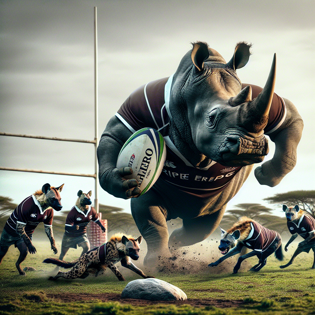 A rhinoceros playing rugby against a pack of hyenas